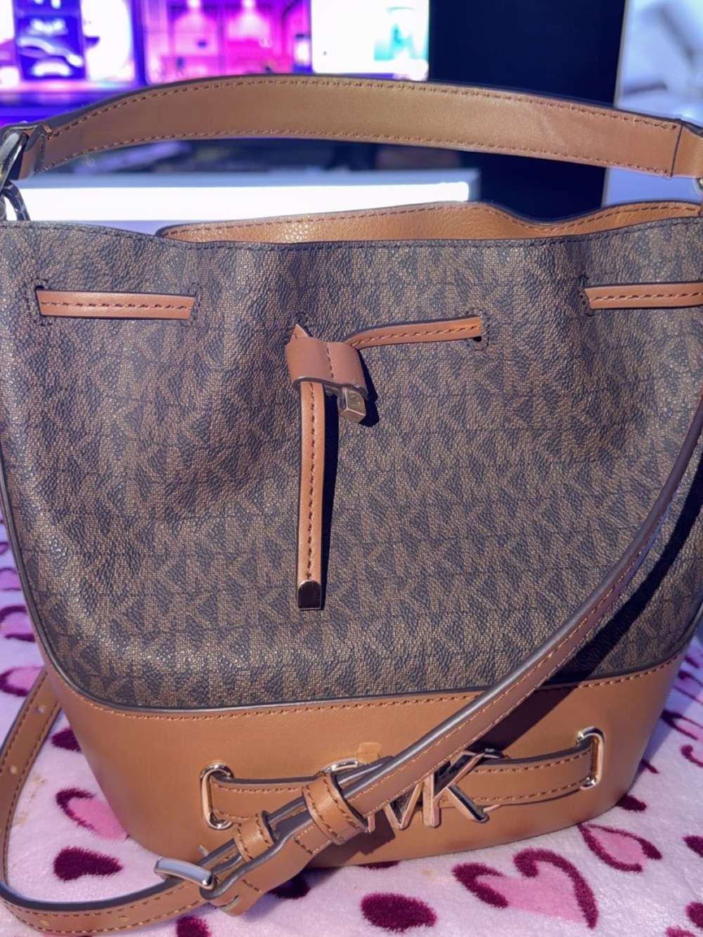 Michael Kors Brown MK Monogram Drawstring Shoulder Bag with Tan Trim